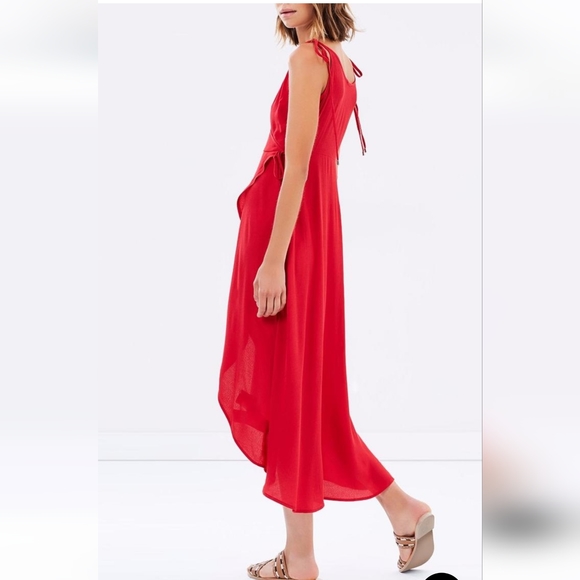 Mink Pink wrap midi dress Red S XS strappy tie waist frill hem cocktail v-neck - Picture 6 of 11